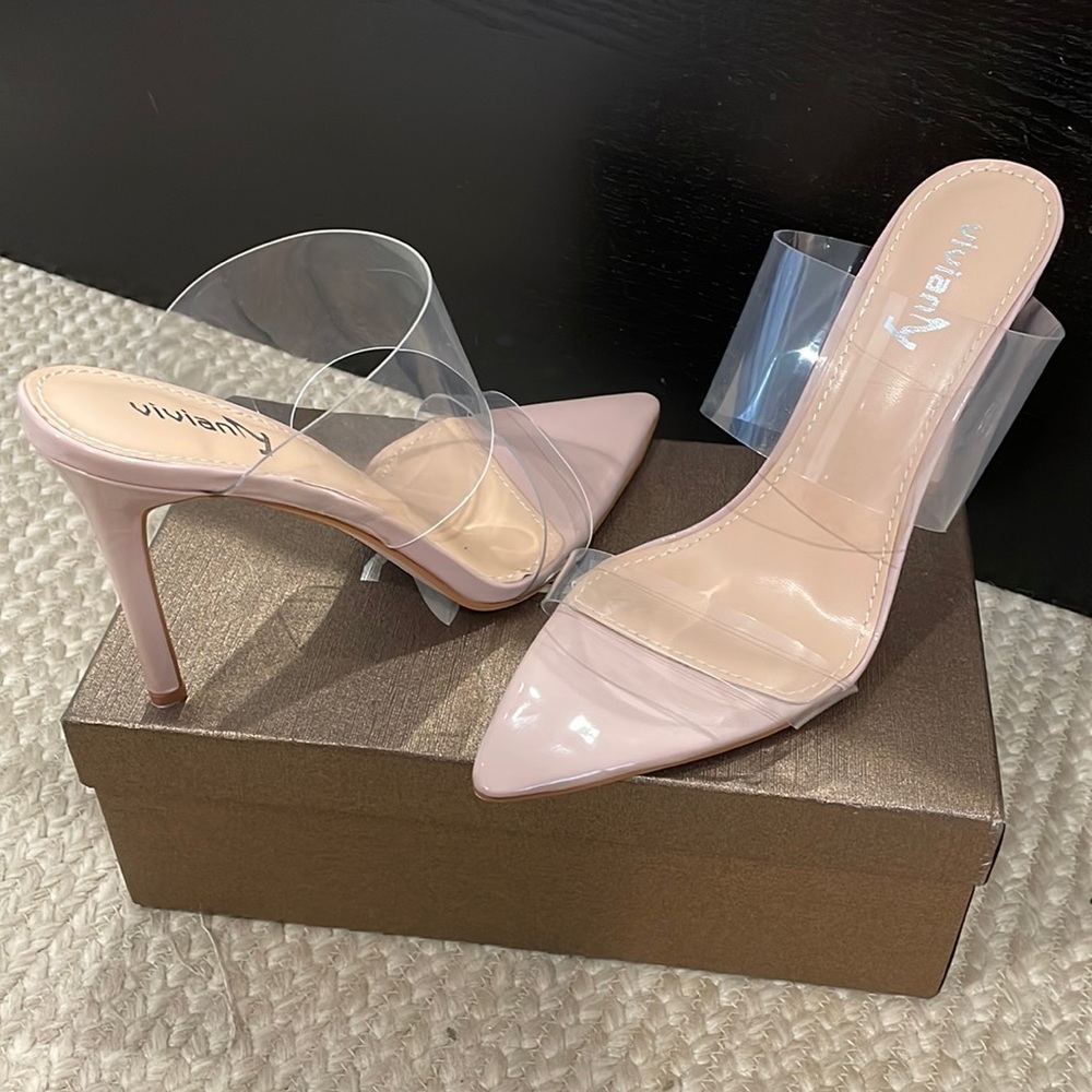 Clear, pointed toe heels